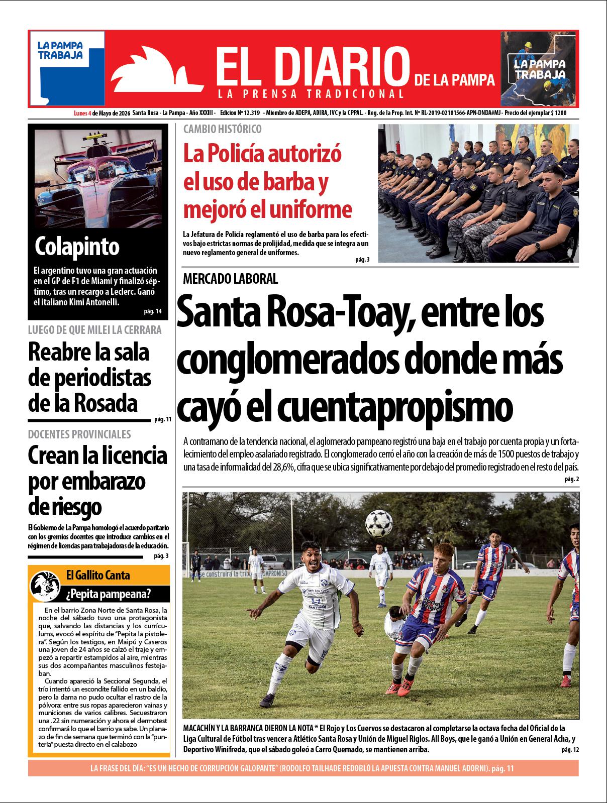 Tapa de El Diario en papel  lunes 04 de mayo de 2026